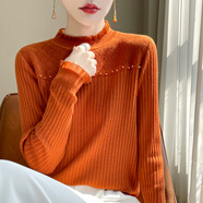 香影純打底衫女內搭蕾絲花邊領(lǐng)毛衣長(cháng)袖洋氣釘珠拼接針織衫女 南瓜色 S (建議95斤以?xún)?