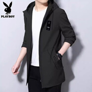 花花公子（PLAYBOY）風(fēng)衣男中長(zhǎng)款春秋季新款外套男裝連帽大衣大碼青年學(xué)生上衣 8929黑色常規(guī)款 L