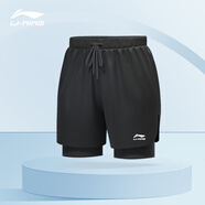 李寧（LI-NING）運(yùn)動(dòng)短褲男夏季透氣沙灘褲防尷尬褲跑步五分褲假兩件游泳短褲子 黑色【內(nèi)襯保護(hù)+速干透氣】 XL