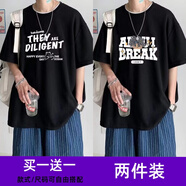 布恩普短袖t恤男夏季潮流港風(fēng)2025新款百搭學(xué)生寬松休閑五分半袖上衣男 T72黑色+T312黑色(2件裝） 2XL