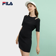 FILA 斐樂官方女裝針織連衣裙2025夏新款時尚簡約休閑修身連身裙 正黑色-BK M 165/84A/M