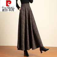 皮爾卡丹（pierre cardin）加厚羊絨毛呢咖色格子半身裙女冬季百搭高腰A字傘裙顯瘦長(cháng)裙 深咖暗格 2XL 合適體重138-153