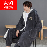 貓人（MiiOW）男士睡衣冬季加厚珊瑚絨長(cháng)款睡袍套裝大碼200斤寬松連帽潮流300斤 絨 男袍+褲子  灰色 2XL (150-170斤)