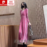 皮爾卡丹（pierre cardin）高端金絲絨連衣裙高貴洋氣粉色裙子女秋季新款小個子氣質(zhì)顯瘦長裙 粉色 S