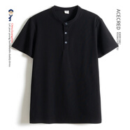 瑞質(zhì)（Acecred）中年爸爸夏裝短袖T恤男中老年人寬松立領(lǐng)衣服老人爺爺大碼上衣 典雅黑 M