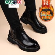 卡帝樂(lè)鱷魚(yú)（CARTELO）真皮切爾西靴男款英倫風(fēng)一腳蹬馬丁靴厚底內(nèi)增高短靴加絨高幫皮鞋 黑色加絨內(nèi)增高 38