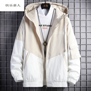 快樂(lè )嘉人 青少年百搭加絨加厚工裝夾克男2021冬季新款撞色保暖連帽外套男 米色 XL