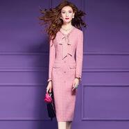 菲夢(mèng)伊蝴蝶結系帶毛呢連衣裙女冬季復古高端名媛優(yōu)雅氣質(zhì)包臀裙子 櫻花粉 2XL