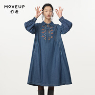 幻走（MOVEUP）2024秋季新款.FUN系列純棉復古刺繡設計師牛仔連衣裙 牛仔藍 L