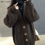 仿羊毛開(kāi)衫外套女粗線(xiàn)加厚中長(cháng)款V領(lǐng)毛衣2021年秋冬季新款韓版寬松針織 深棕色【有扣】 S