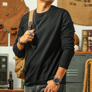 季言300G重磅新疆棉男士純棉長(cháng)袖t恤圓領(lǐng)純色打底衫秋衣男款上衣體恤 黑色 2XL