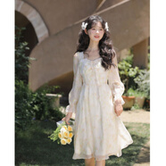 宮柒尓森女系連衣裙2025春夏季仙女裙公主風(fēng)長(zhǎng)袖溫柔款褶皺森系初戀裙 杏色 2XL