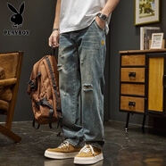花花公子牛仔褲男破洞秋冬新款復古水洗做舊休閑長(cháng)褲美式高街寬松直筒褲子 藍色 32 適合145-155斤