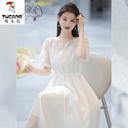啄木鳥法式重磅冰絲連衣裙女2025夏季新款感氣質(zhì)名媛刺繡天·絲裙 白色裙子  L 【105-120】