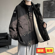 魄克工裝沖鋒棉服男冬季加絨加厚羊羔絨加大碼棉衣外套寬松痞帥棉襖子 黑色加絨款 XL 120-140斤