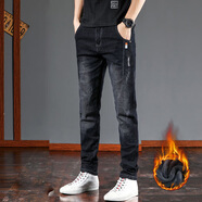 菲凡沃【兩條裝】牛仔褲男新款秋冬季男褲彈力修身小腳工裝百搭長(cháng)褲子 606黑色加絨（單件） 34 【（2尺7）體重155-165斤】