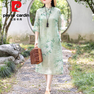 皮爾卡丹（pierre cardin）國(guó)風(fēng)印花苧麻改良旗袍裙女夏斜襟盤(pán)扣棉麻連衣裙日韓女裝 綠色 M 【95-115斤】
