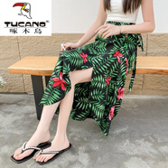 啄木鳥（TUCANO）大波點(diǎn)紅色半身裙女2025春夏新款一片式裹裙碎花A字裙雪紡長裙子 黑底綠椰子樹 均碼
