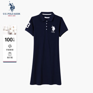 U.S. POLO ASSN.女士短袖POLO領(lǐng)白色連衣裙A版中裙寬松休閑長(zhǎng)款T恤裙 藏藍(lán)色 M 