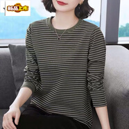 初徑純棉長(cháng)袖T恤女裝中年媽媽裝春秋新款大碼寬松遮肚圓領(lǐng)上衣打底2 558*綠色 2XL 建議【135-145斤】