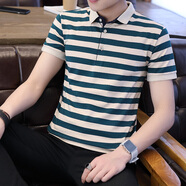 普鴕 定制印字青年男裝夏裝翻領(lǐng)男短袖t恤衫潮流修身棉保羅polo男條紋上衣1715-3 綠色條紋 XXXL