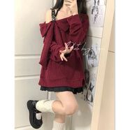 素優(yōu)米（SUYOUMI）【兩件套裝】韓版寬松日系甜美小心機露肩設計感長(cháng)袖上衣女短裙子 紅色上衣+黑色裙 L 【建議100-110斤】