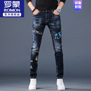 羅蒙（ROMON）破洞牛仔褲男秋季潮流潮流彈力刺繡修身小腳長(cháng)褲2025新款休閑褲子 黑藍色3D印花218 30