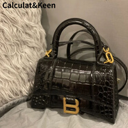 CALCULAT&KEENck女包真皮包包女2024新款高級感小眾法棍腋下包斜挎手提包沙漏 黑色鱷魚(yú)紋金扣小號