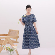 未風(fēng)（WIFING）藍(lán)色純棉碎花連衣裙女夏2025新款夏季女裝氣質(zhì)泡泡袖收腰裙子 藍(lán)色 XL