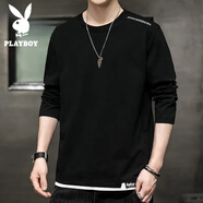 花花公子（PLAYBOY）純棉長(cháng)袖T恤男士裝春秋薄款假兩件情侶衛衣學(xué)生寬松上衣服打底衫 02黑色 3XL
