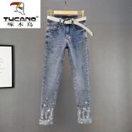 啄木鳥(niǎo)（TUCANO）燙鉆小腳牛仔褲女2026夏裝新款歐貨亮片高腰修身顯瘦鉛筆褲長(cháng)褲女 A6135#藍色 2XL 125-140斤