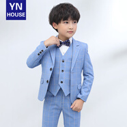 衣諾坊兒童西服套裝花童男童演出服西服休閑主持人禮服 藍(lán)格6:西服 西褲 馬甲 襯衫 配飾 140 （建議體重：54-67斤）