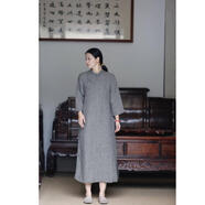 如素慢衣復(fù)古色織亞麻連衣裙36212 黑格 M85-115斤