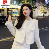 皮爾卡丹（pierre cardin）23年新款棉香約感小香風時尚套裝女秋冬新款加厚短外套裝裙 米白色上衣 S 80-100斤