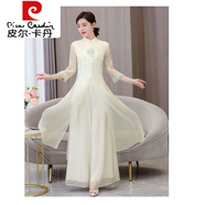 皮爾卡丹（pierre cardin）新中式唐裝女裝中國(guó)風(fēng)漢服套裝盤(pán)扣改良款旗袍上衣女春夏禪意茶服 米黃色套裝 2XL