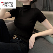 啄木鳥(niǎo)品牌莫代爾高領(lǐng)短袖t恤女夏季女裝新款黑色打底衫針織體恤內搭上 黑色莫代爾 S適合85斤以下