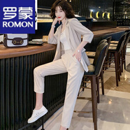 羅蒙（ROMON）輕奢女裝韓版時(shí)尚氣質(zhì)西裝外套女2024夏季修身顯瘦職業(yè)西服外套女 米杏色【兩件套】 L 【100-115斤  】