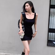 錦結思純欲風(fēng)方領(lǐng)收腰吊帶連衣裙女夏季辣妹性感顯身材背帶裙包臀短裙子 黑色 S 80-95斤