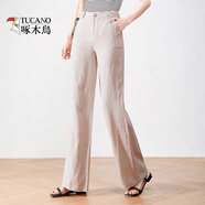啄木鳥(niǎo)闊腿褲女2025春夏休閑褲女韓版寬松女裝松緊高腰直筒長(cháng)褲子 米白色 杏色 2XL 135-145斤