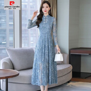 皮爾卡丹（pierre cardin）旗袍改良版中國風(fēng)女裝2025年新款春秋長袖裙子氣質(zhì)蕾絲秋裝連衣裙 藍(lán)色 3XL 135-150斤