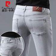 皮爾卡丹輕奢高檔廣州新塘歐貨牛仔褲男夏彈力修身銀色皮牌金屬燙印歐洲站 淺灰色AQ475-冰絲 薄款 34