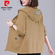 皮爾卡丹（pierre cardin）媽媽外套女2024春秋季新款連帽大碼寬松休閑百搭洋氣短款風衣 卡其色 雙層外套 4XL 建議165-180斤