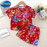 A 21 FUNB東北大花套裝女童兒童衣服寶寶男短褲網(wǎng)紅民族風(fēng)花布棉綢睡衣村姑 紅牡丹短·袖短褲套裝 100 cm