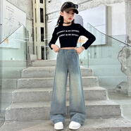 麥科貝爾女童闊腿牛仔褲2025春秋新款兒童直筒筒褲中大童洋氣女孩 淺藍(lán)色 130 碼建議身高123厘米左右