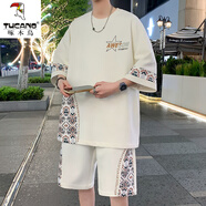 啄木鳥（TUCANO）休閑運(yùn)動(dòng)套裝男夏季2025新款冰絲短袖短褲一套搭配帥氣兩件套衣服 11012-1821米白【套裝】 2XL 約140~160斤可穿