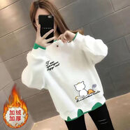 LNAN女裝卡通衛衣女2025新款春秋裝韓版百搭寬松薄款假兩件印花上衣 白色-慵懶貓黑字(加絨加厚) XL_建議120-140斤
