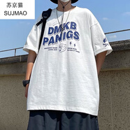 蘇京貓oversize短袖T恤男潮牌潮流百搭歐美印花涼感冰絲t恤五分袖體恤bf 白色 S