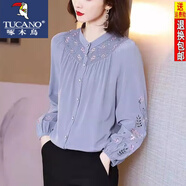 啄木鳥23新款刺繡真絲襯衫女23春秋新款設(shè)計(jì)感小眾時(shí)尚碎花襯衣桑蠶絲上 灰色 L 105-115斤