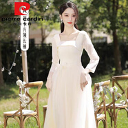 皮爾卡丹伴娘服香檳色2025新款平時可穿小眾長款顯瘦長袖晚禮服裙女 香檳色長/袖 中長A款小方領(lǐng) M