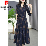 皮爾卡丹（pierre cardin）十三行長(cháng)袖碎花連衣裙女2025春秋新款媽l媽氣質(zhì)顯瘦裙子針織 藏藍 3XL 建議131-140斤